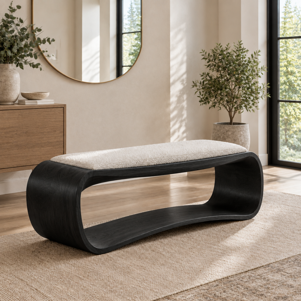 Atelier Ribbon Bench with Cushion in Ebonized Black finish