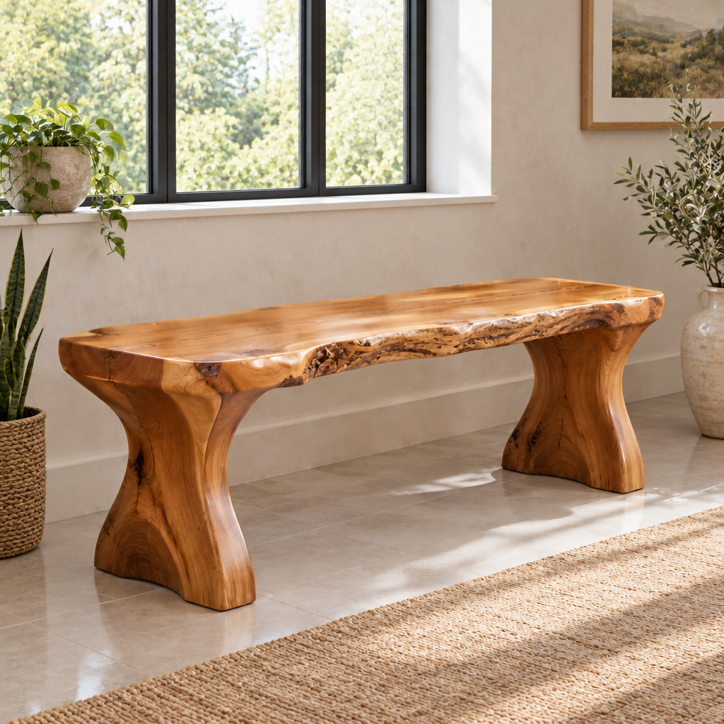 Riverbend Live-Edge Sculpted Bench in a living space