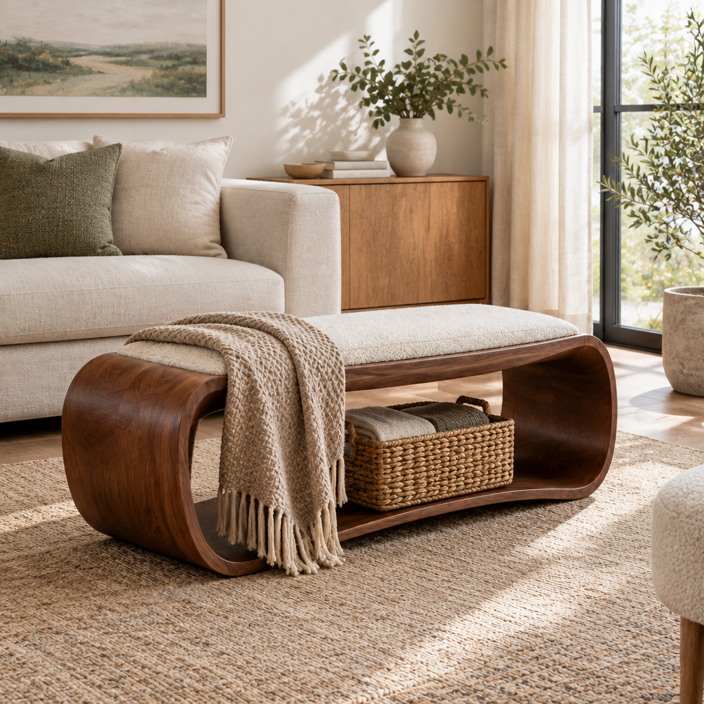 Atelier Ribbon Bench with Cushion in use