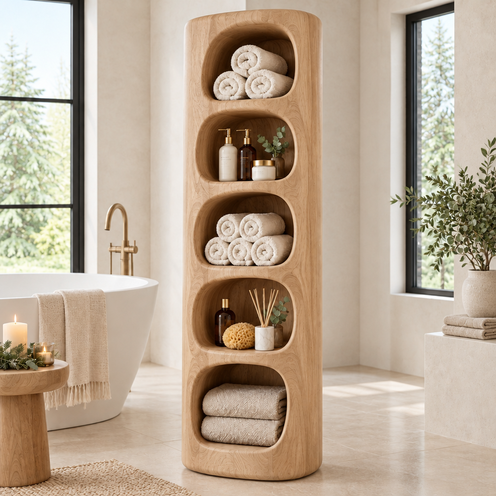 Atelier Sculpted Bath Storage Tower in Natural Oak finish
