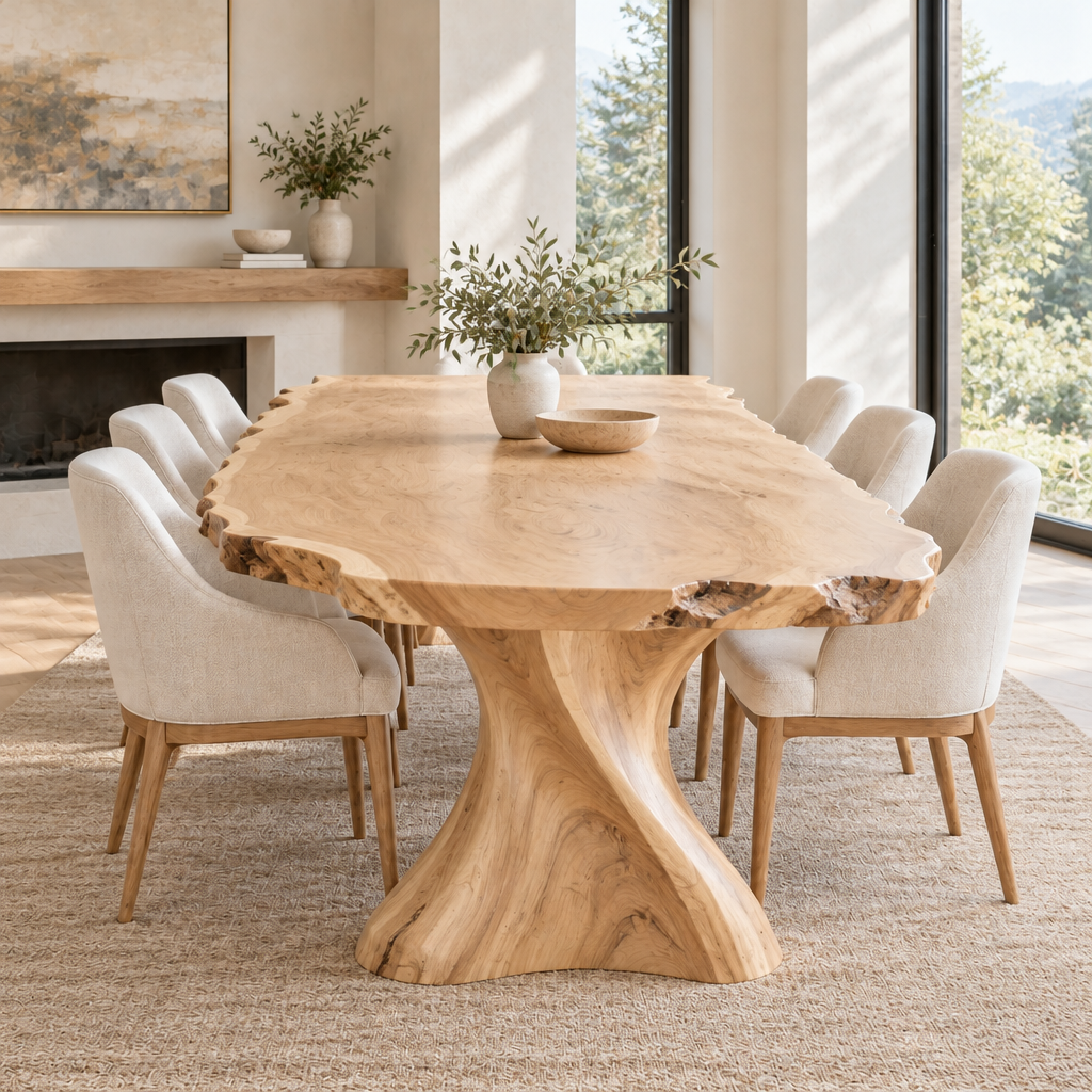 Riverbend Live-Edge Sculpted Base Dining Table in Light Natural finish