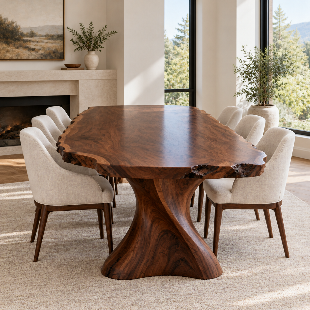 Riverbend Live-Edge Sculpted Base Dining Table in Dark Walnut Stain finish