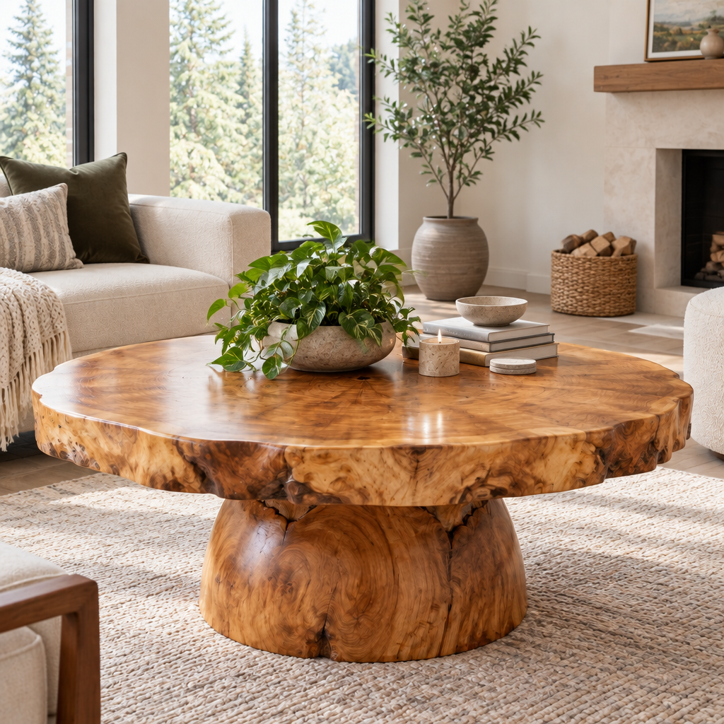 Riverbend Live-Edge Round Slab Coffee Table in a living space