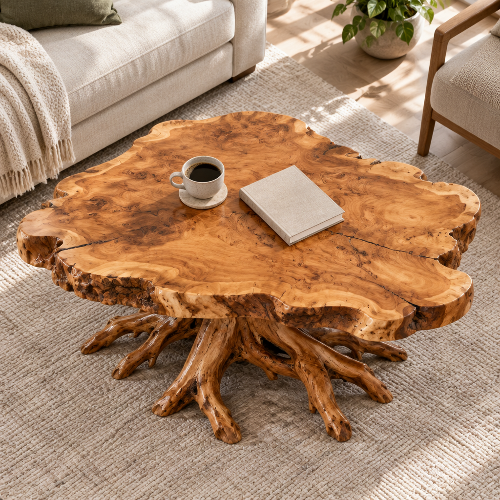 Riverbend Live-Edge Root-Base Coffee Table in use