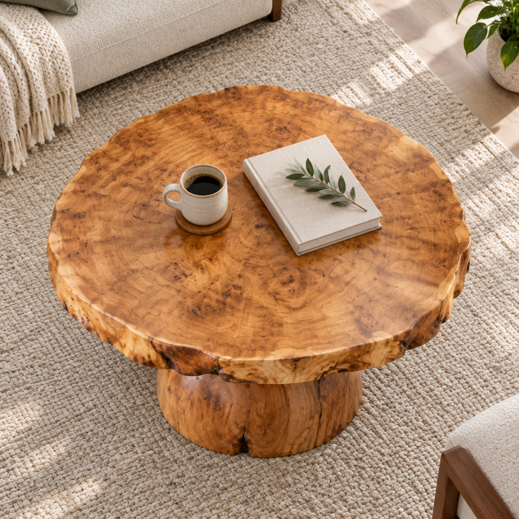 Riverbend Live-Edge Round Slab Coffee Table in use