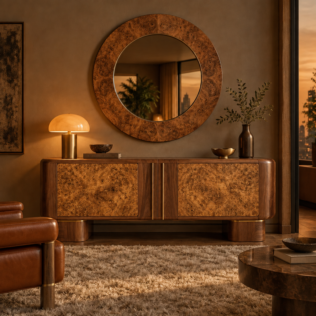 Sable Burl Framed Mirror in Natural Walnut finish