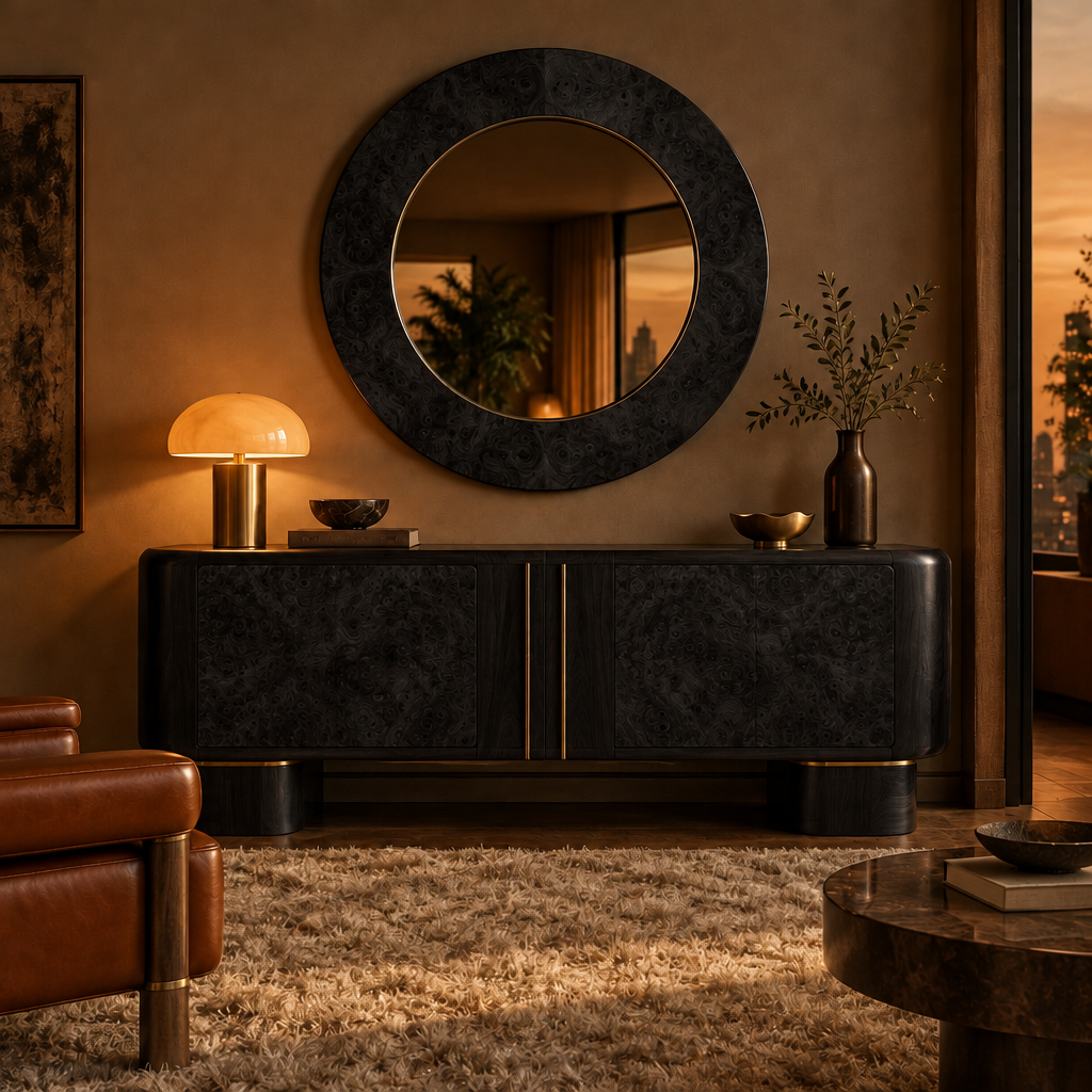 Sable Burl Framed Mirror in Ebonized Black finish