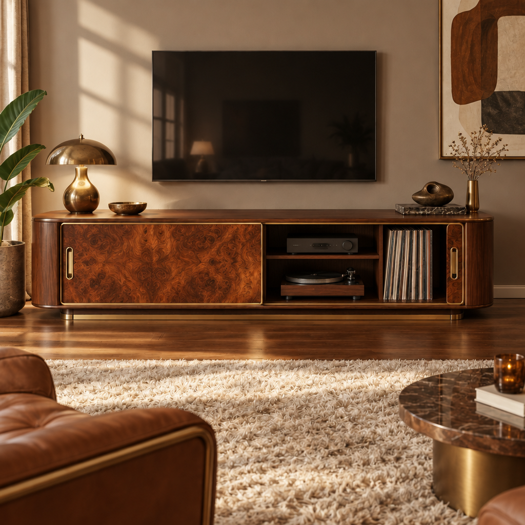Sable Burl Media Console in use