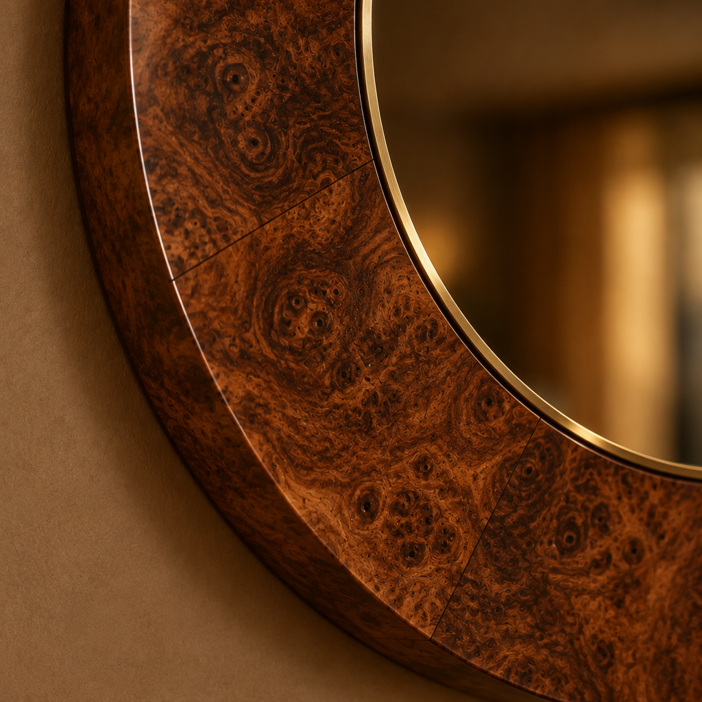 Sable Burl Framed Mirror wood grain close-up