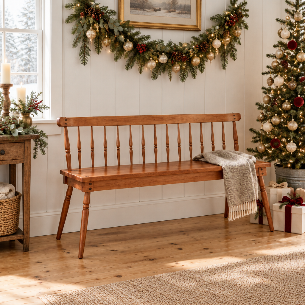 Linden Spindle Entry Bench styled for the holidays