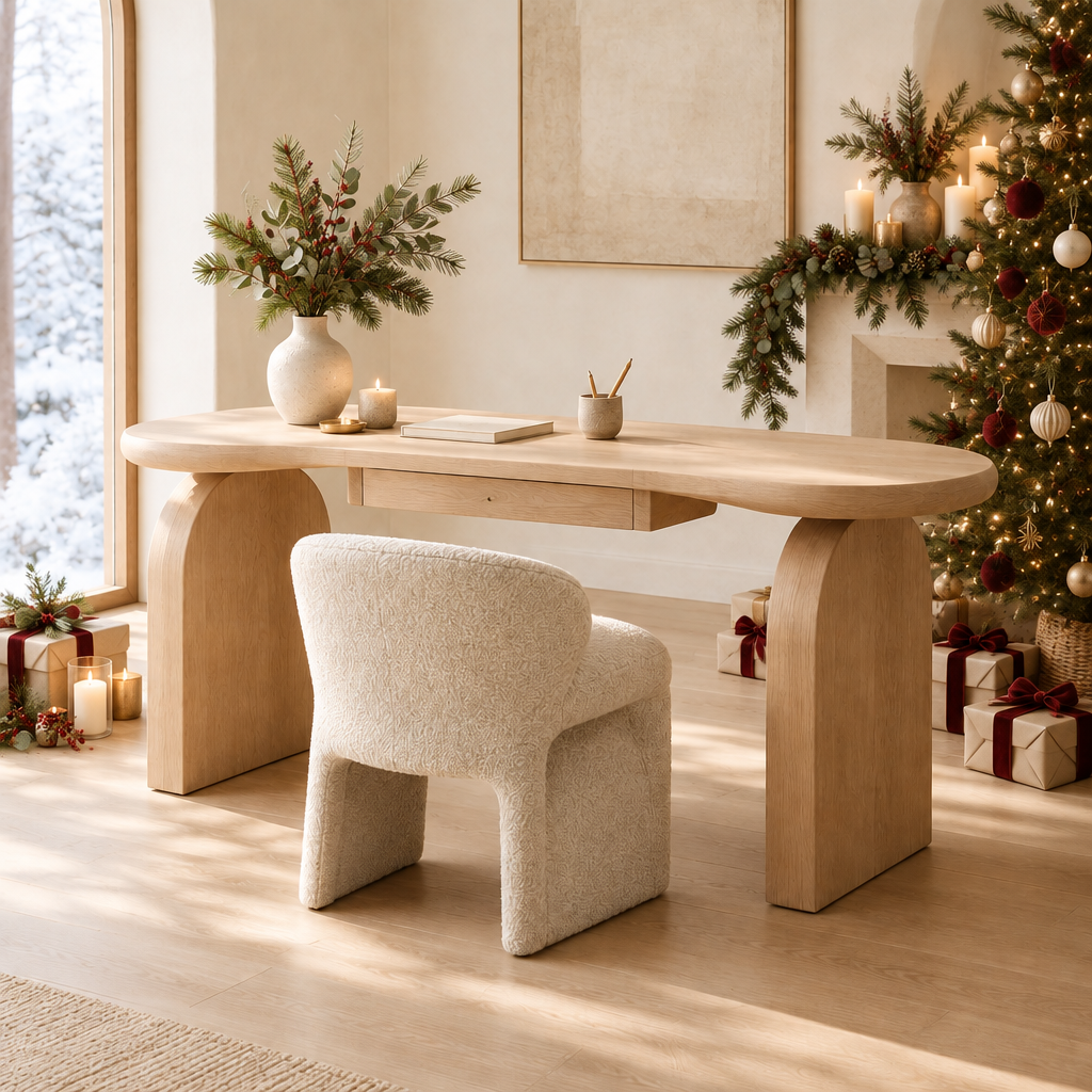 Cove Arc Writing Desk styled for the holidays