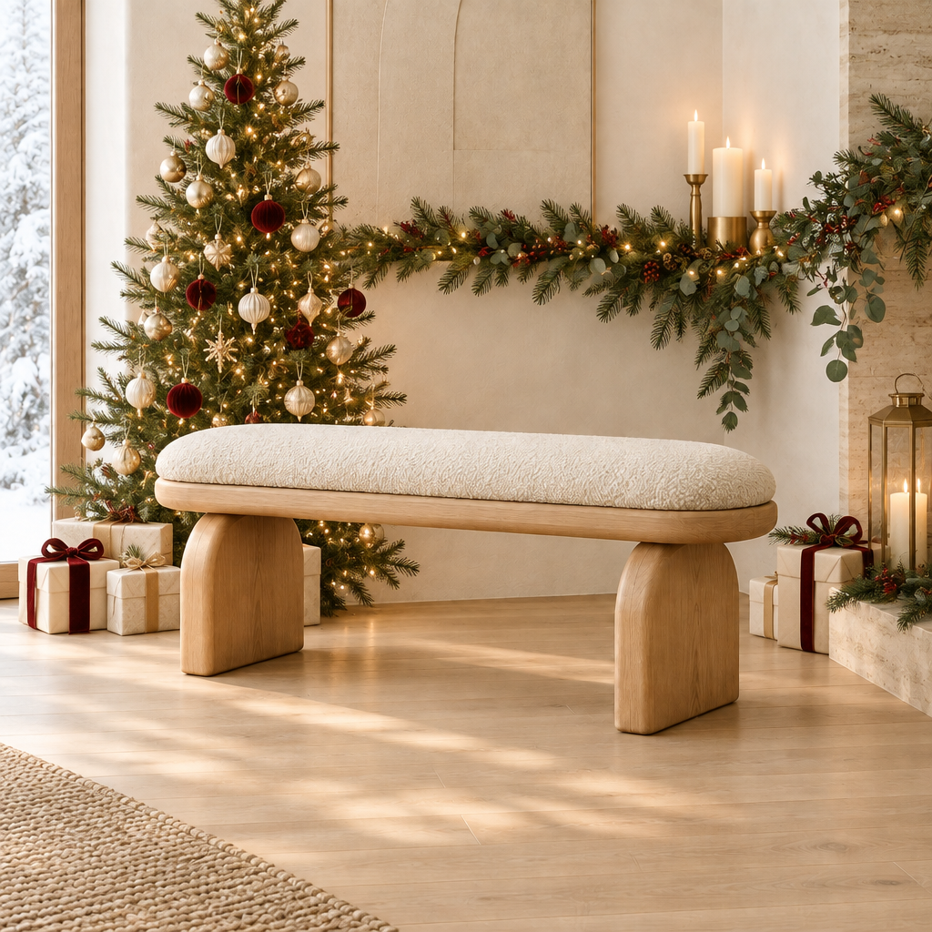 Cove Rounded Entry Bench styled for the holidays