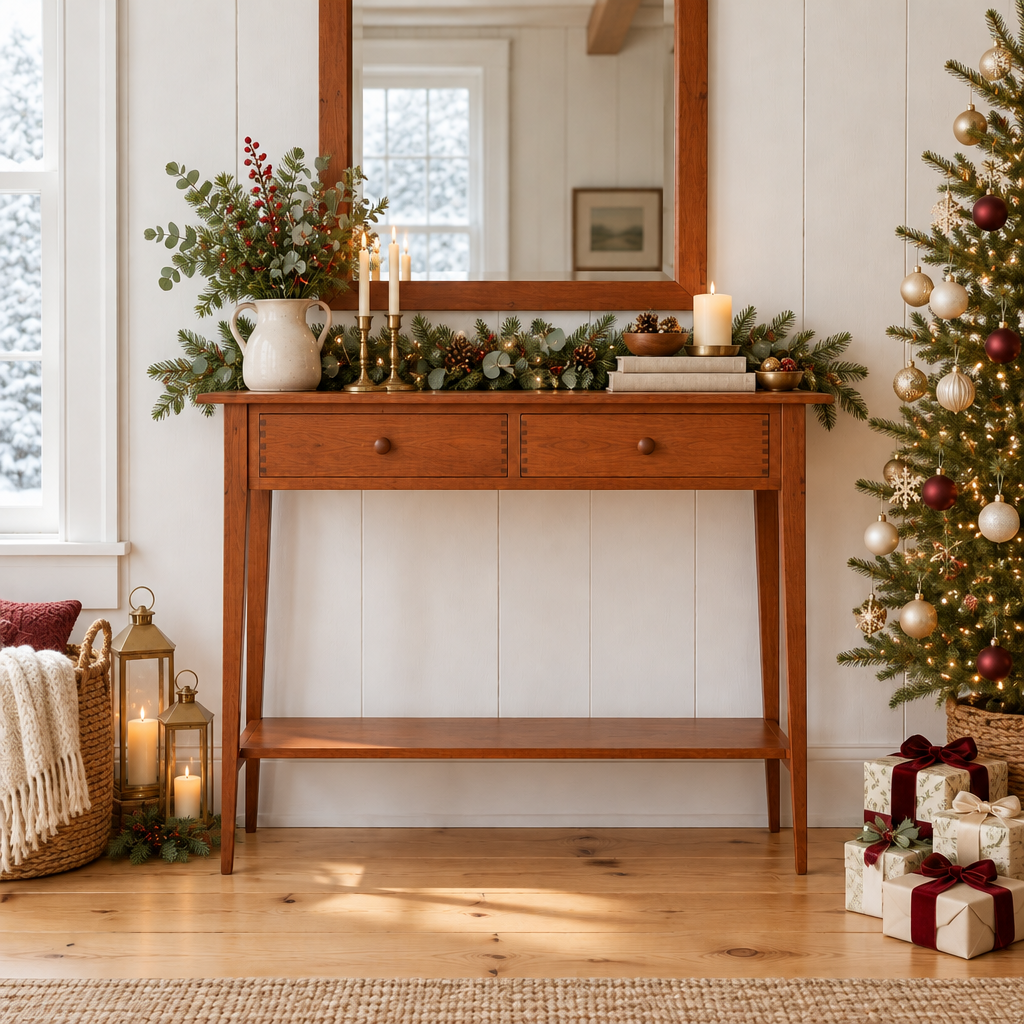 Linden Shaker Hall Console styled for the holidays