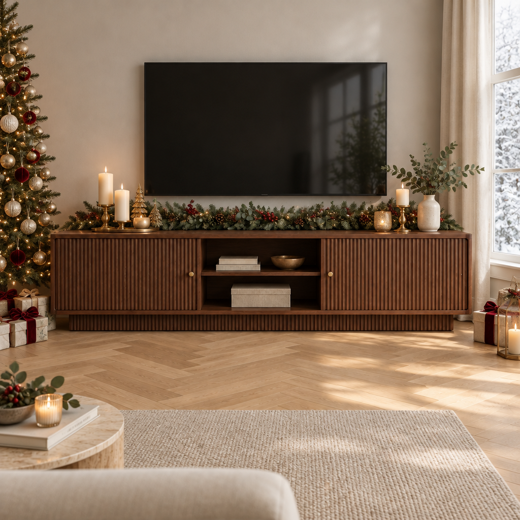 Arden Fluted Media Console styled for the holidays
