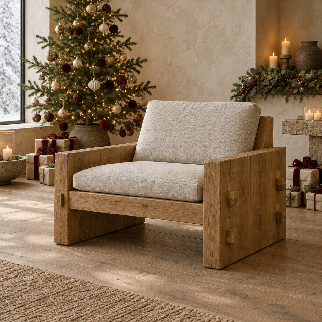 Basalt Slab Lounge Chair styled for the holidays