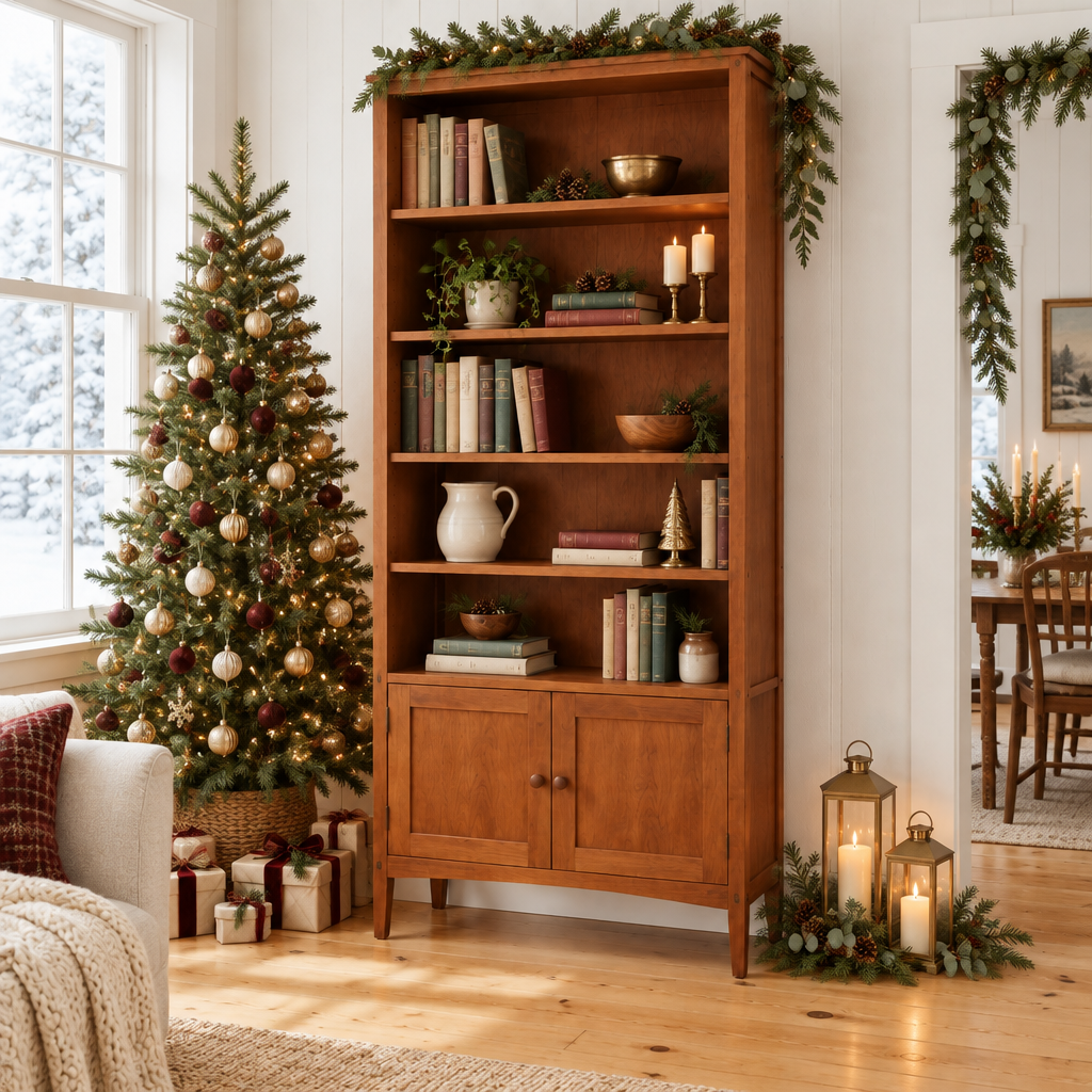 Linden Shaker Bookcase styled for the holidays