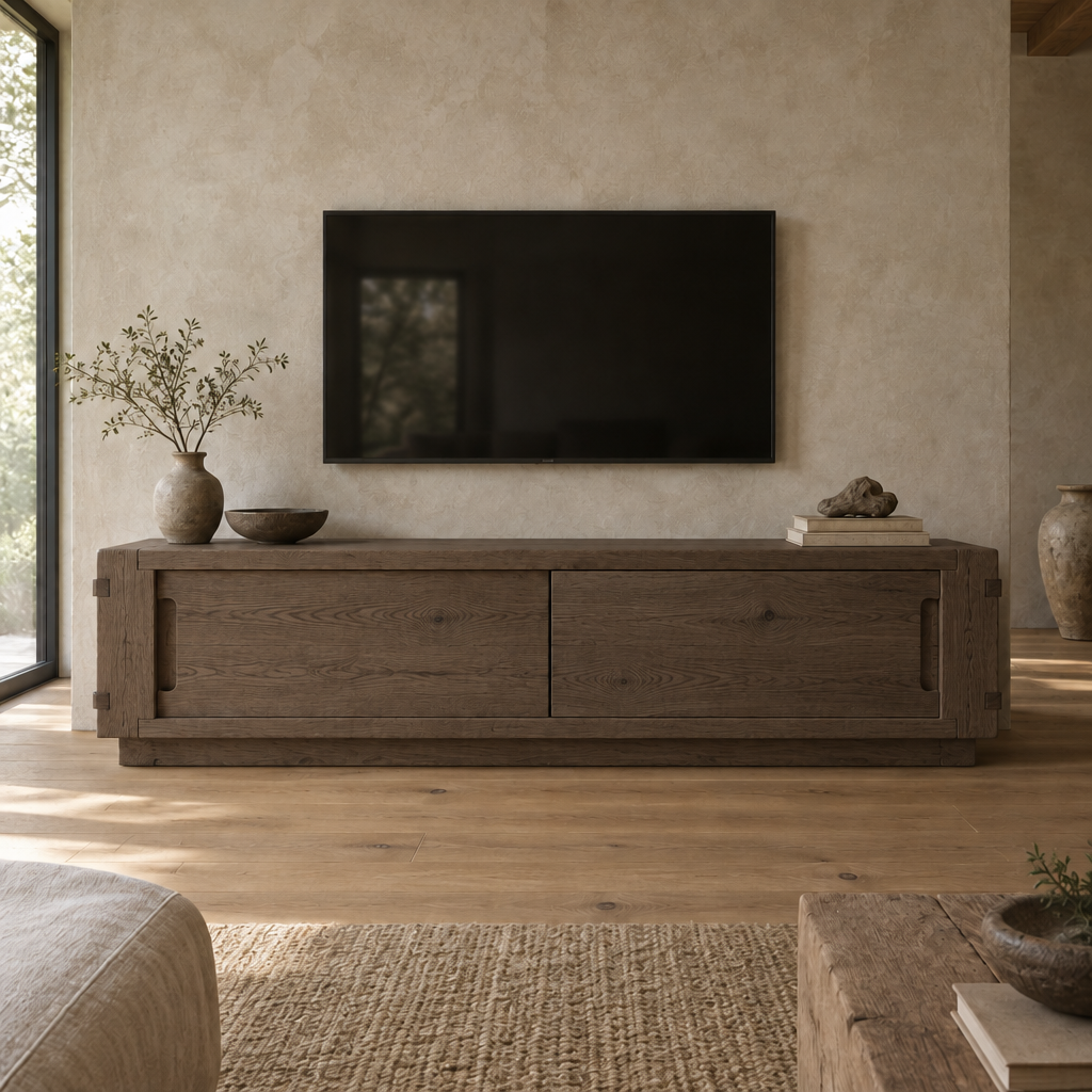 Basalt Solid Oak Media Cabinet in Smoked Oak finish