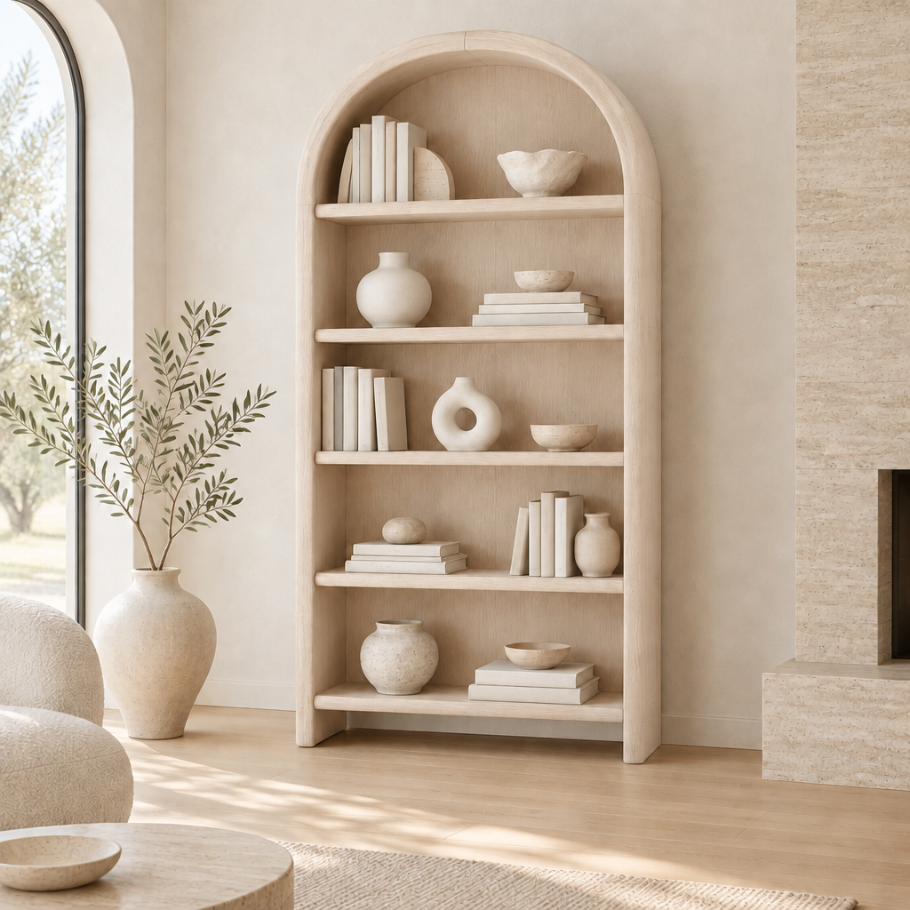 Cove Arched Bookshelf in Bleached Oak finish