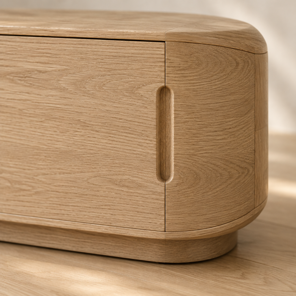 Cove Rounded Media Console wood grain close-up