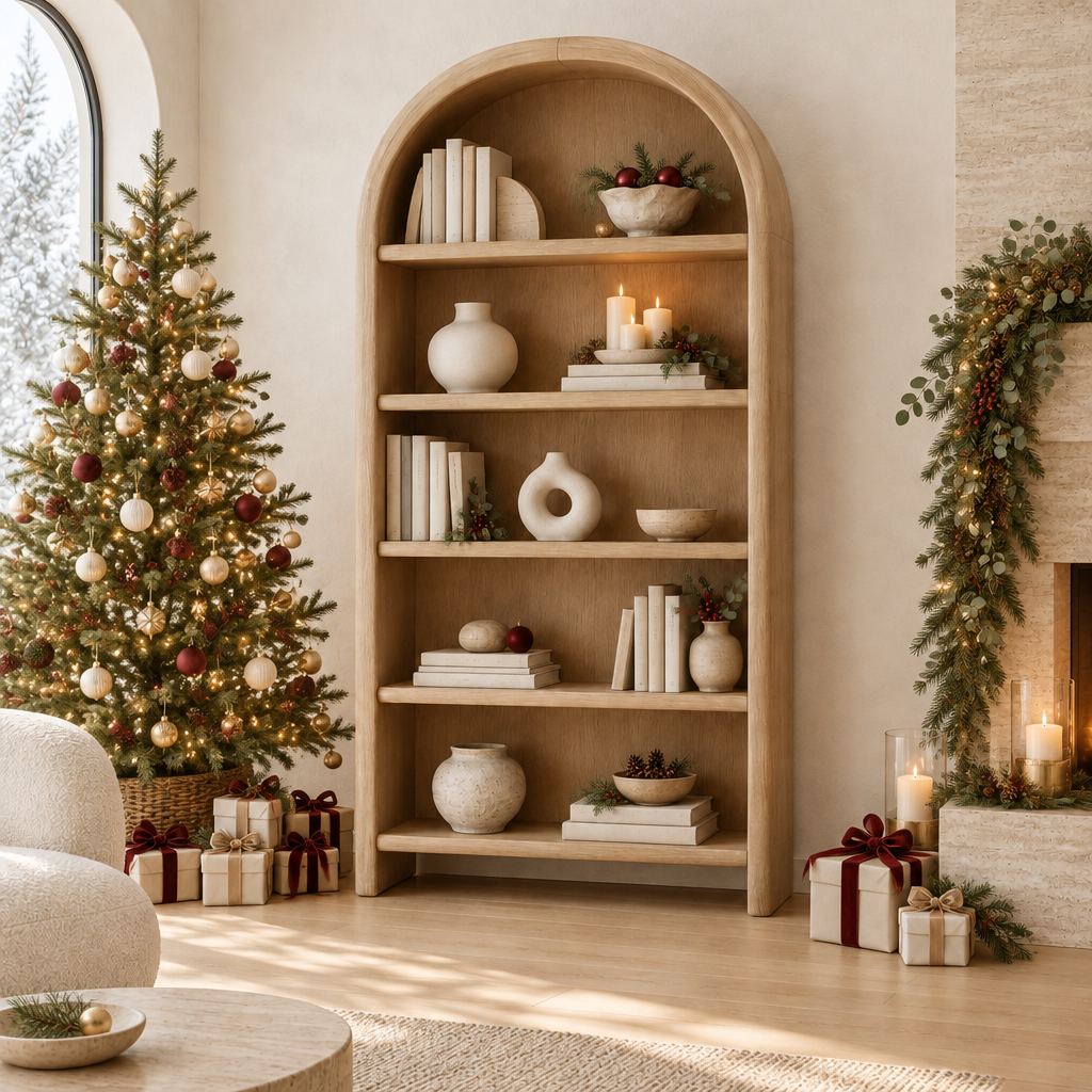 Cove Arched Bookshelf styled for the holidays