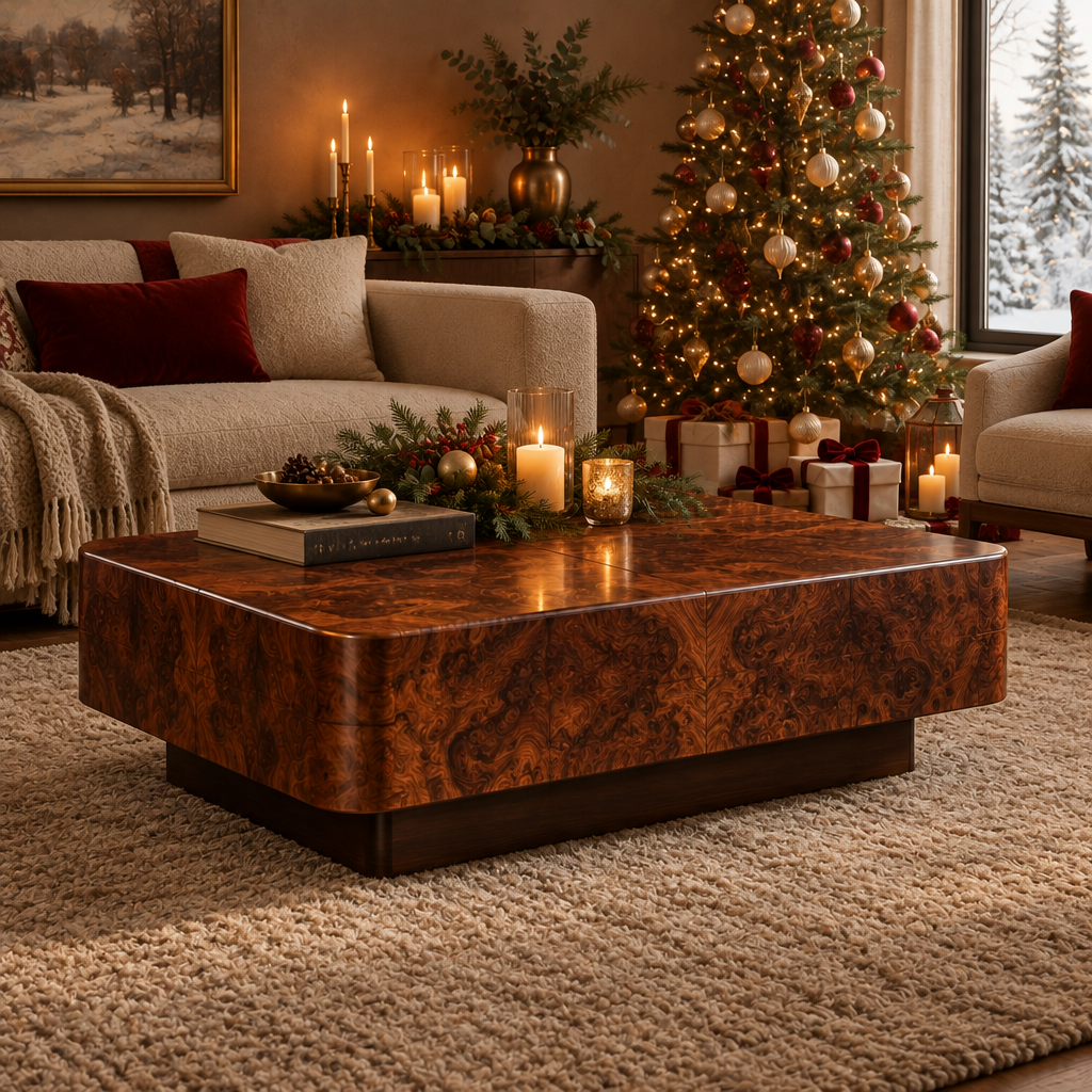 Sable Burl Coffee Table styled for the holidays