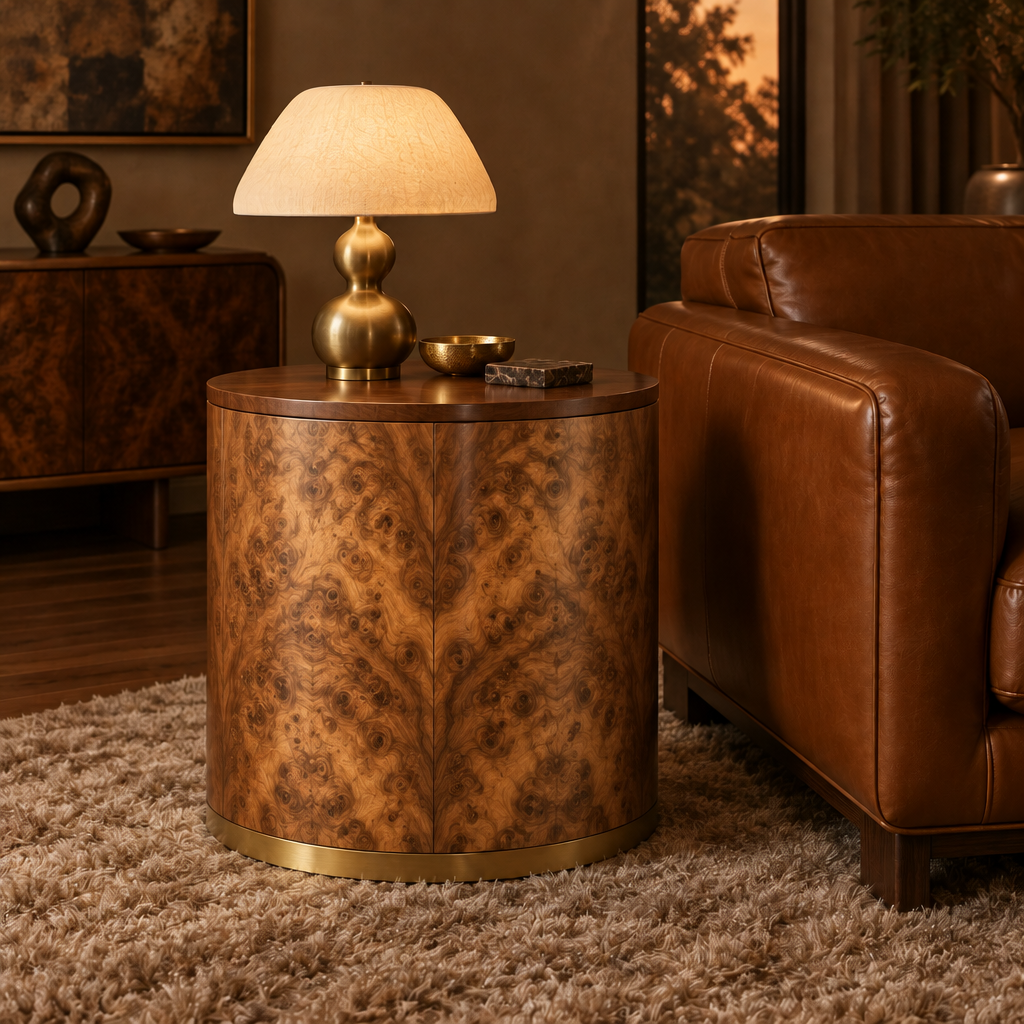 Sable Burl Drum Side Table in Natural Walnut finish