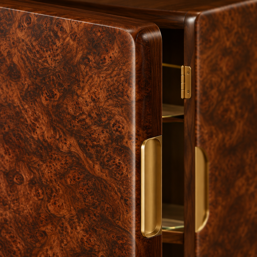 Sable Burl Bar Cabinet wood grain close-up