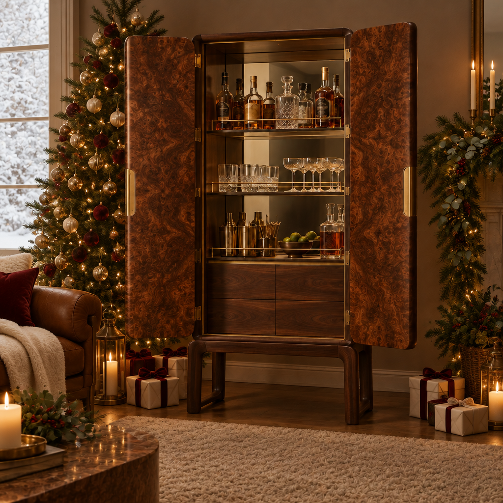 Sable Burl Bar Cabinet styled for the holidays