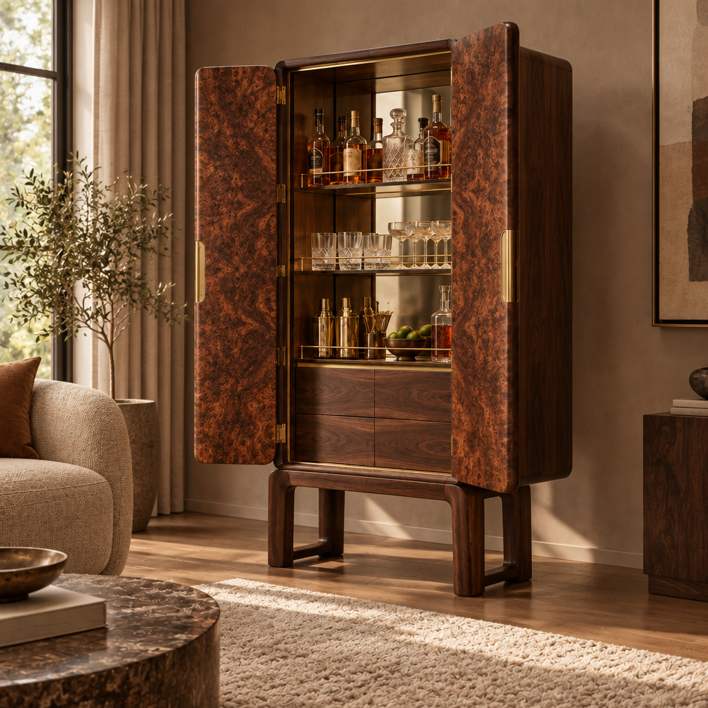 Sable Burl Bar Cabinet side view