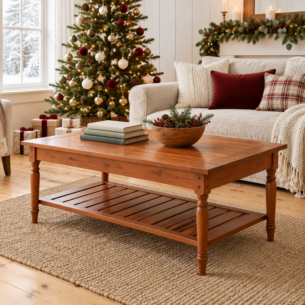 Linden Spindle Coffee Table styled for the holidays