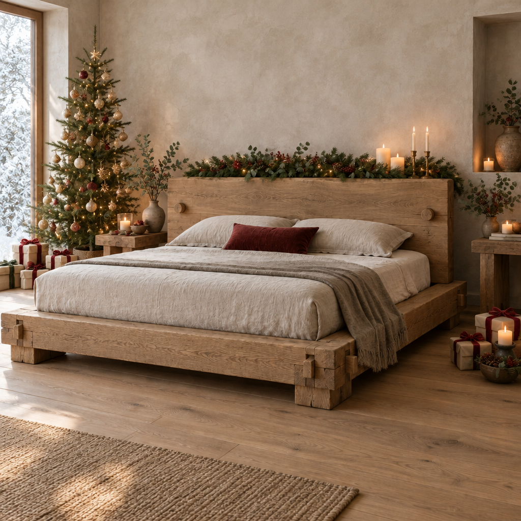 Basalt Plinth Bed styled for the holidays