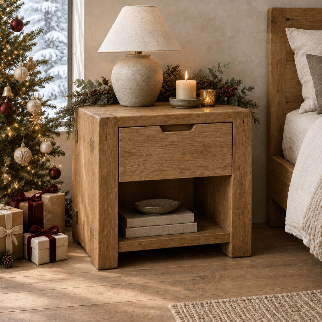 Basalt Block Nightstand styled for the holidays
