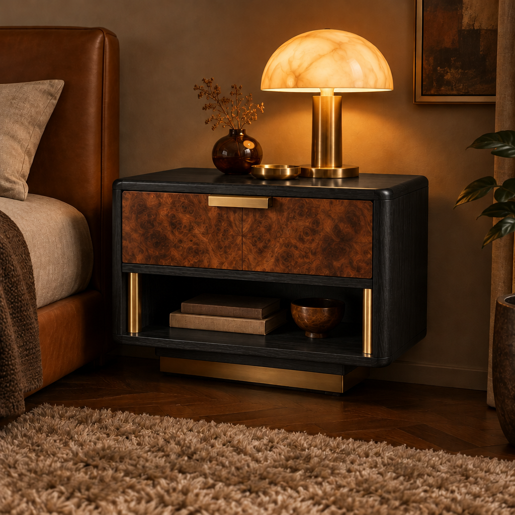 Sable Burl Nightstand in Ebonized Black finish