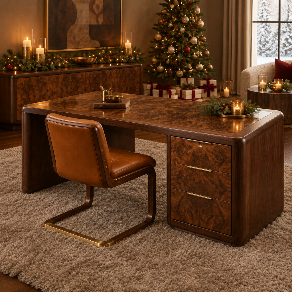 Sable Walnut Executive Desk styled for the holidays