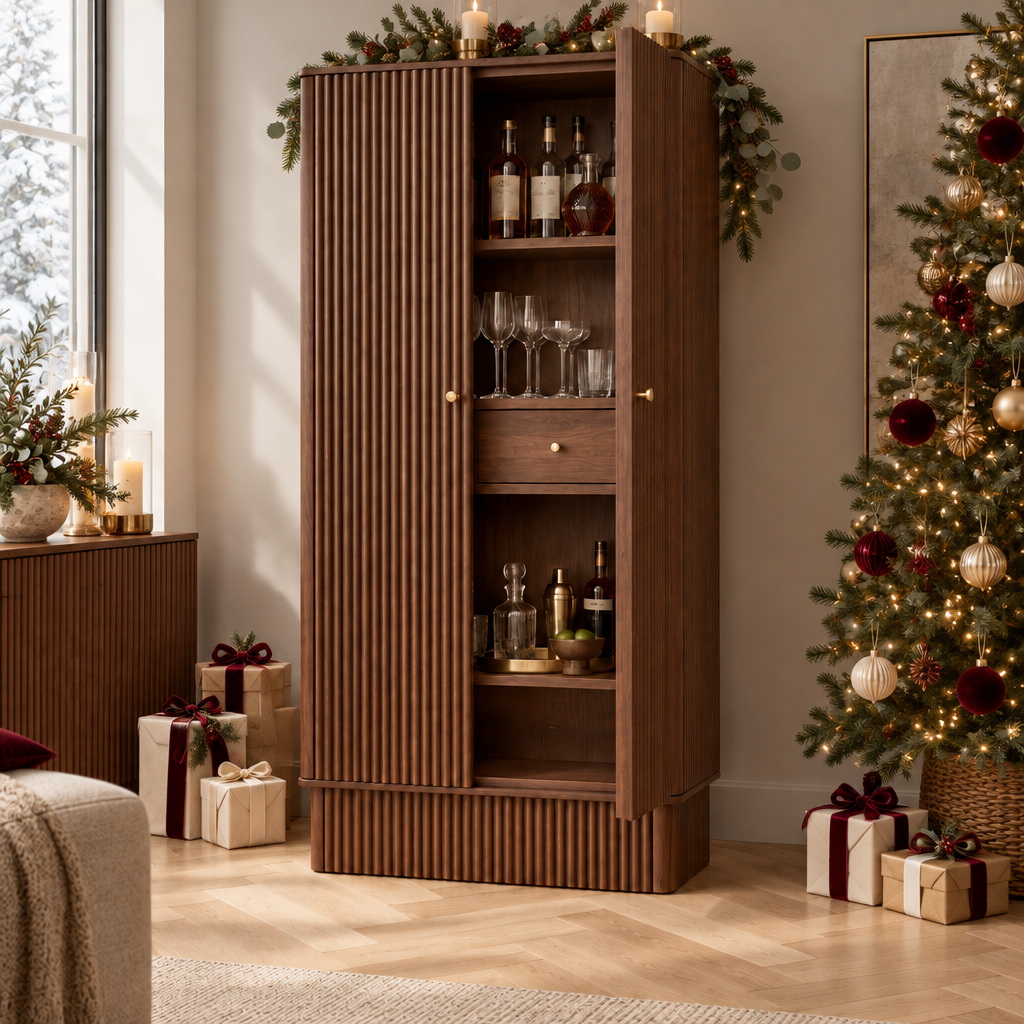 Arden Fluted Bar Cabinet styled for the holidays
