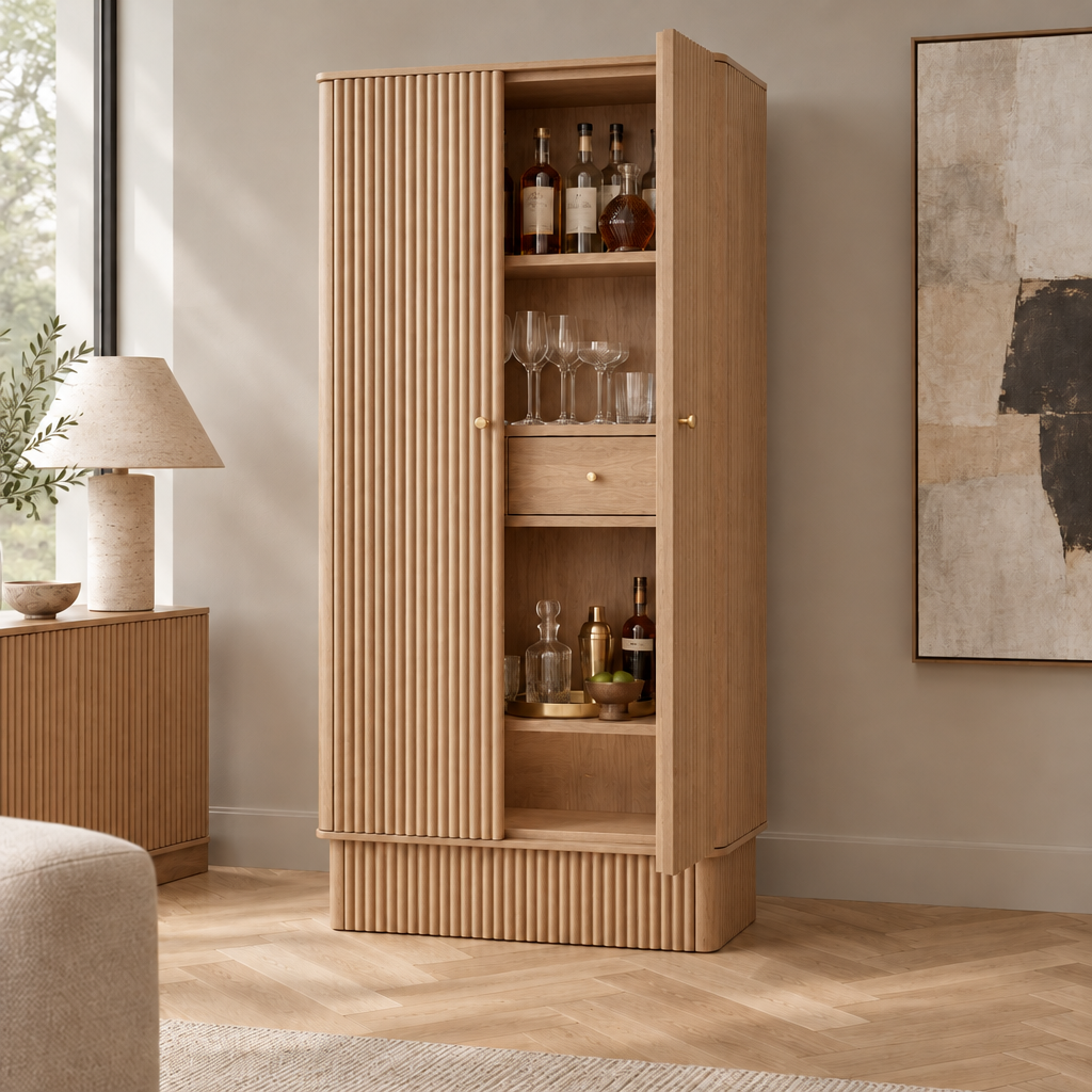 Arden Fluted Bar Cabinet in Natural Oak finish