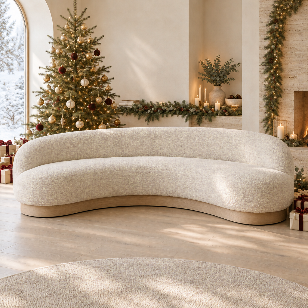 Cove Curved Sofa styled for the holidays
