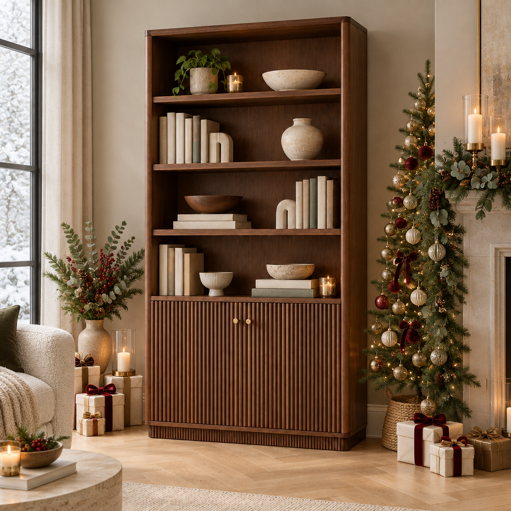 Arden Fluted Bookshelf styled for the holidays