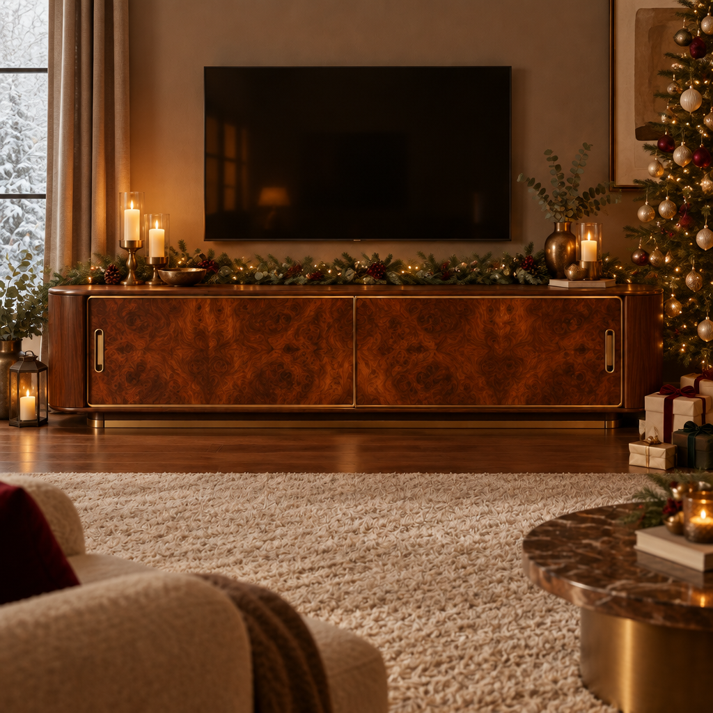Sable Burl Media Console styled for the holidays