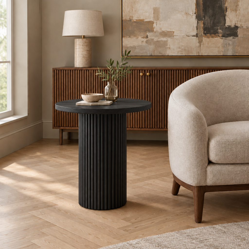 Arden Fluted Pedestal Side Table in Ebonized Black finish