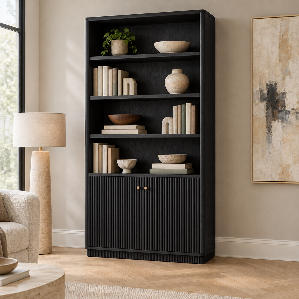 Arden Fluted Bookshelf in Ebonized Black finish