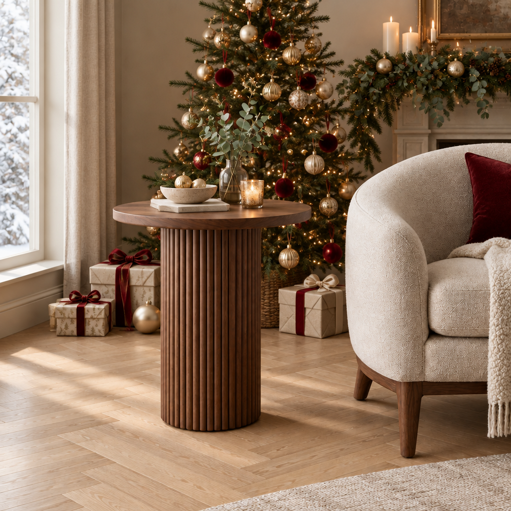 Arden Fluted Pedestal Side Table styled for the holidays