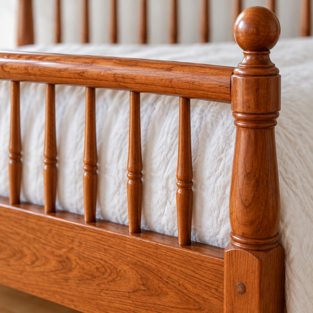 Linden Shaker Spindle Bed wood grain close-up