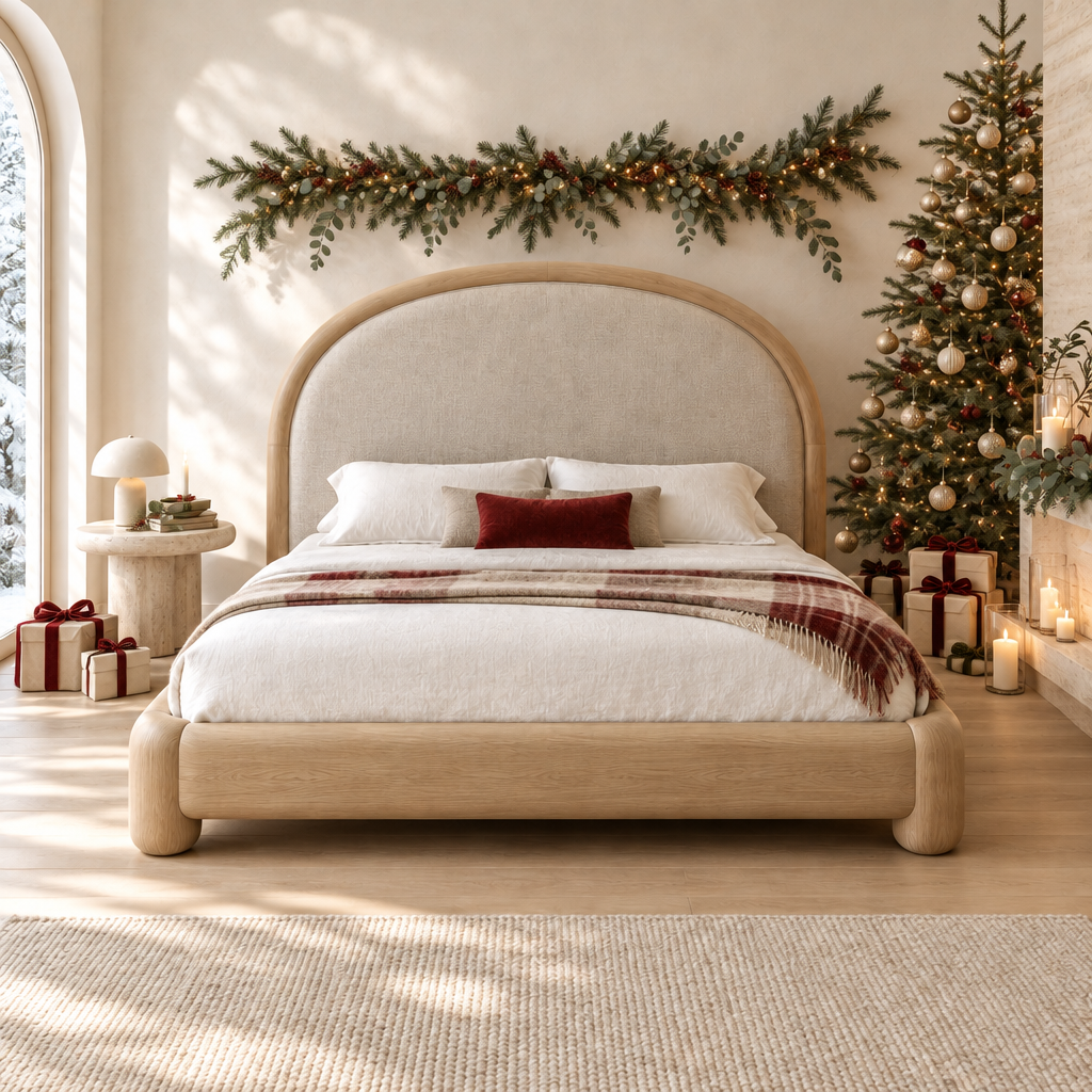 Cove Arched Upholstered Bed styled for the holidays