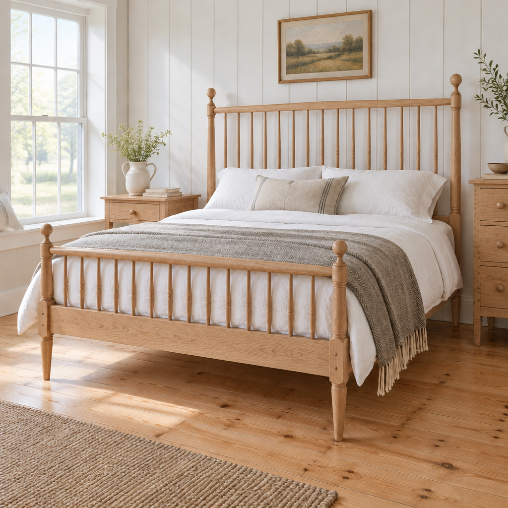 Linden Shaker Spindle Bed in Natural White Oak finish