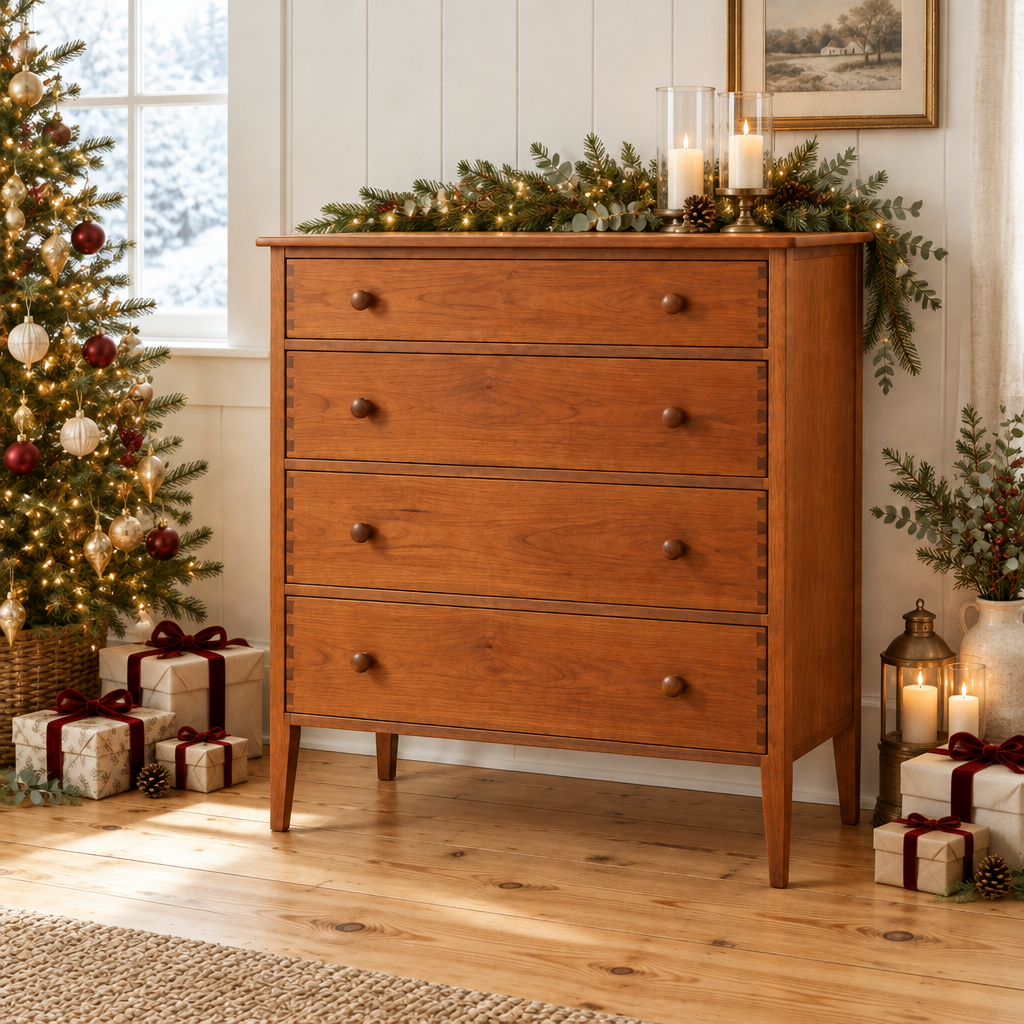 Linden Shaker Four-Drawer Dresser styled for the holidays