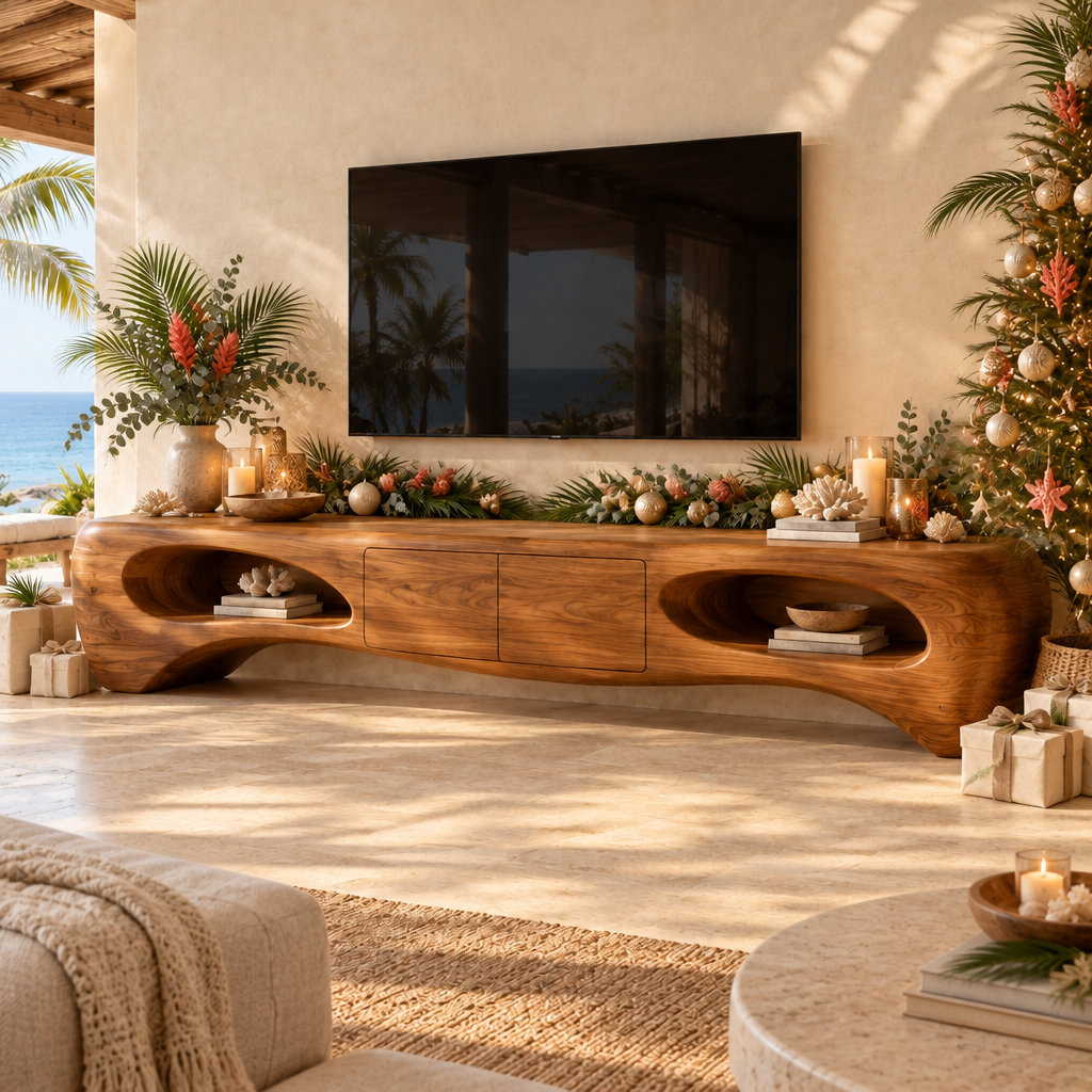 Solana Lagoon Sculpted Media Console styled for the holidays