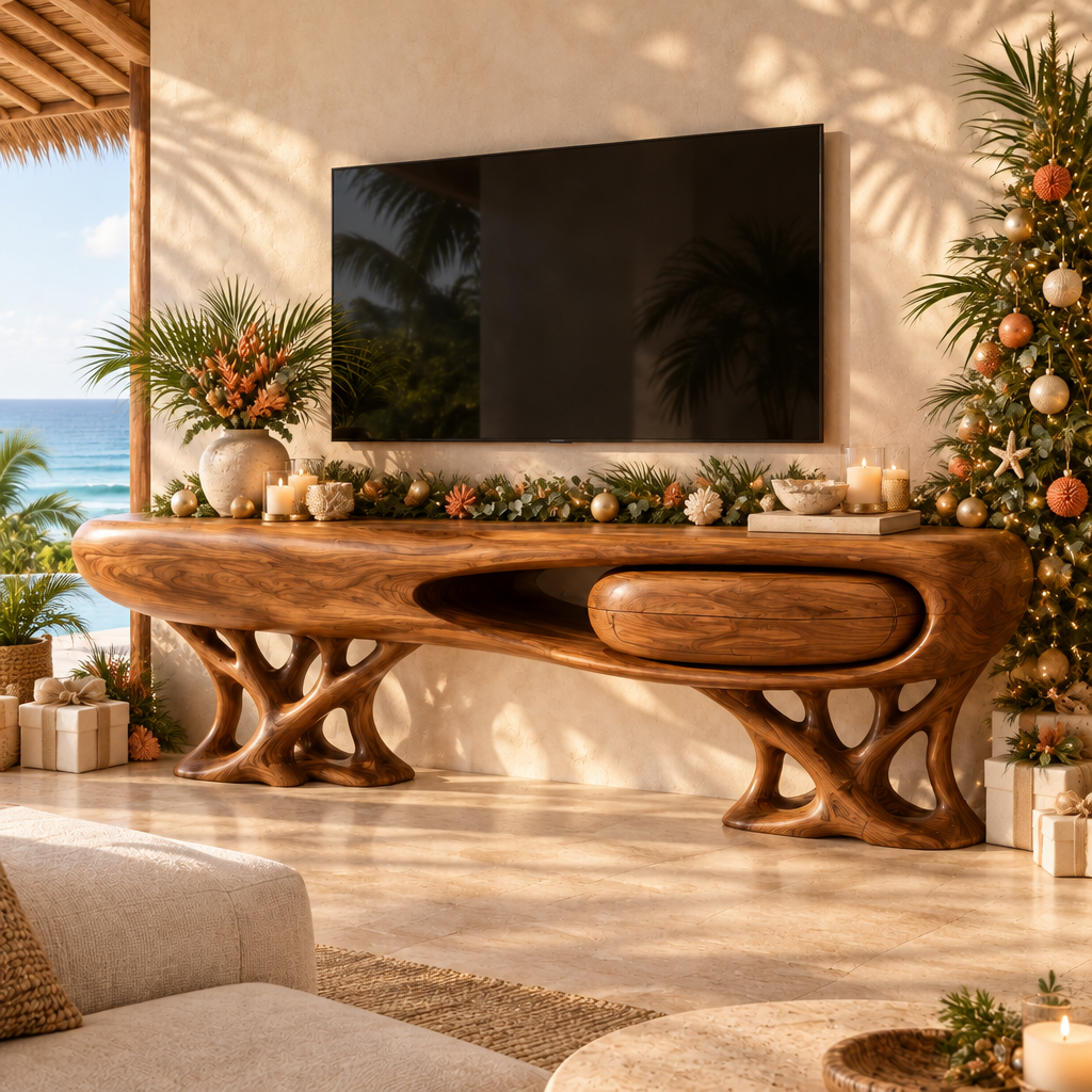 Solana Coral Base Media Console styled for the holidays