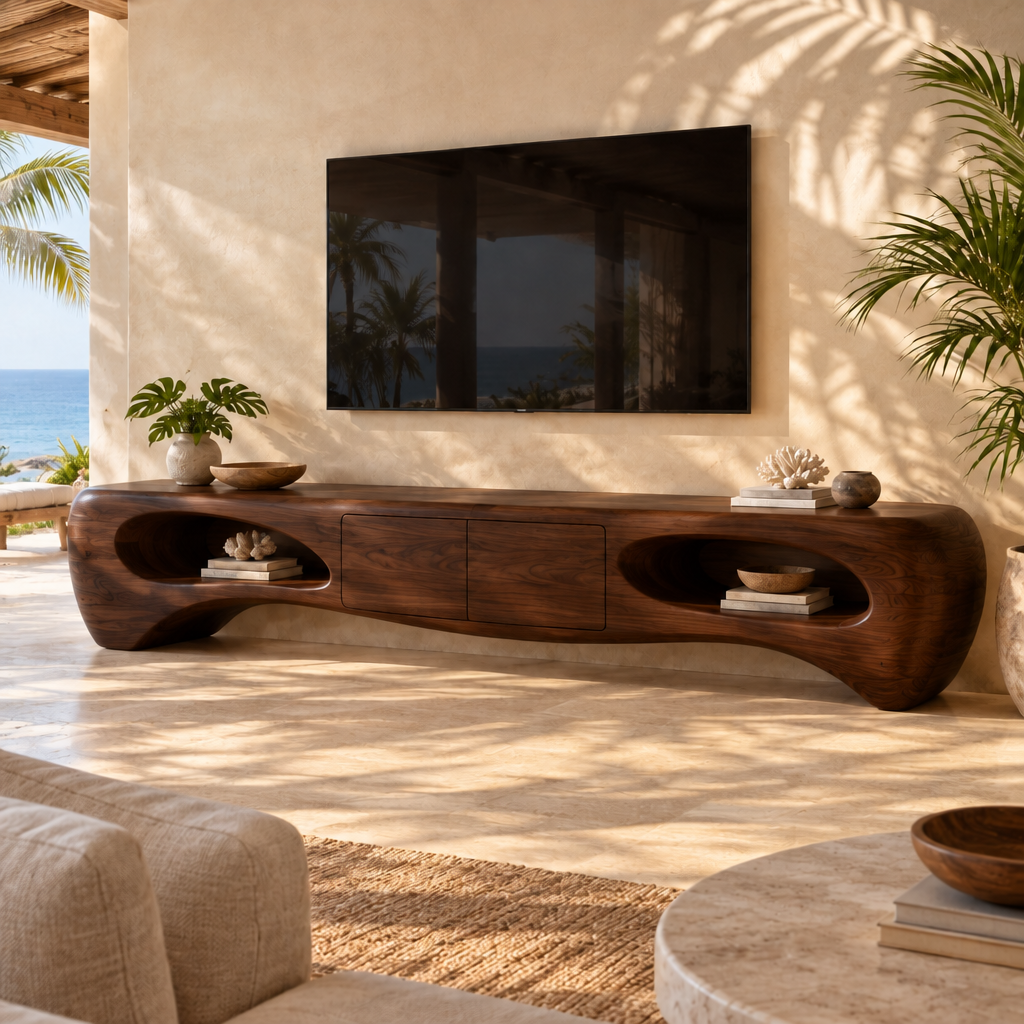 Solana Lagoon Sculpted Media Console in Dark Teak finish