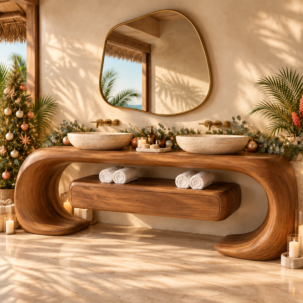 Solana Ribbon Loop Double Vanity styled for the holidays